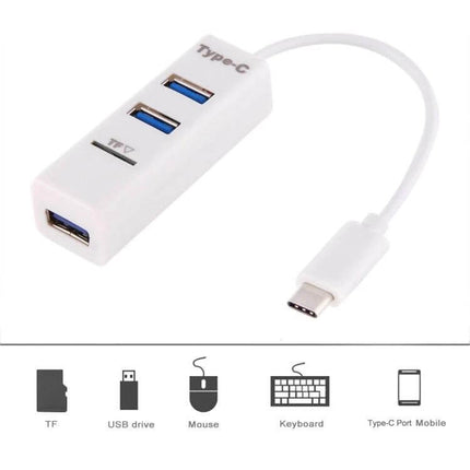 White 2-in-1 USB-C Hub with Multi-Port and Card Reader for Devices showing Type-C connector, three USB ports and TF card slot