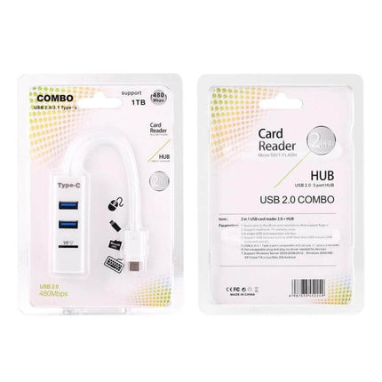 2-in-1 USB-C Hub with Multi-Port and Card Reader for Devices white USB-C hub with dual USB-A ports and card reader in retail blister pack
