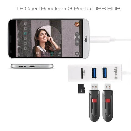 White 2-in-1 USB-C Hub with Multi-Port and Card Reader for Devices shown connected to smartphone with TF card, USB drives and Type-C cable