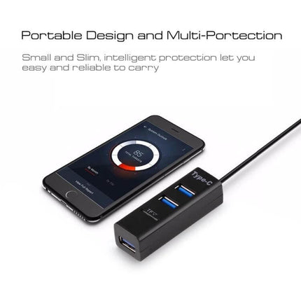 2-in-1 USB-C Hub with Multi-Port and Card Reader for Devices connected to smartphone showing portable design and multi-port hub