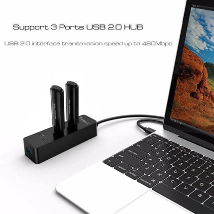 2-in-1 USB-C Hub with Multi-Port and Card Reader for Devices connected to laptop showing 3-port USB 2.0 hub and card reader for file transfers