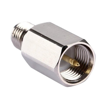 FME to SMA Female Adapter for Antenna Connections - close-up metal RF adapter showing FME male to SMA female connector