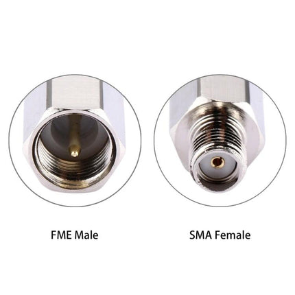 FME to SMA Female Adapter for Antenna Connections showing FME male and SMA female connector close-ups