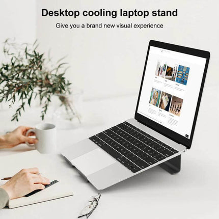 Aluminum Laptop Stand for Elevated Viewing and Cooling positioned on desk with laptop showing improved airflow and ergonomic angle