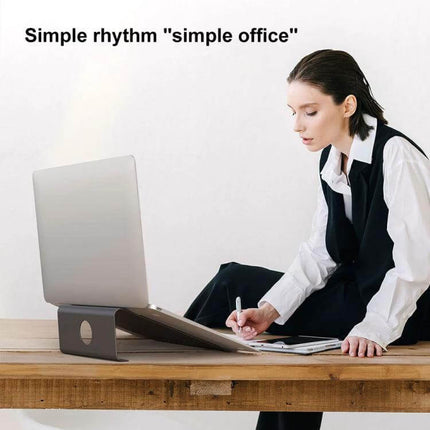 Aluminum Laptop Stand for Elevated Viewing and Cooling with laptop on desk improving posture and airflow