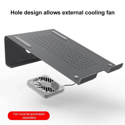 Aluminum Laptop Stand for Elevated Viewing and Cooling - angled perforated aluminum stand with external cooling fan compatibility
