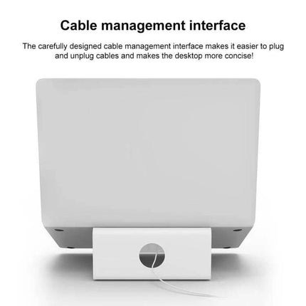 Aluminum Laptop Stand for Elevated Viewing and Cooling with cable management hole organizing cords beneath laptop