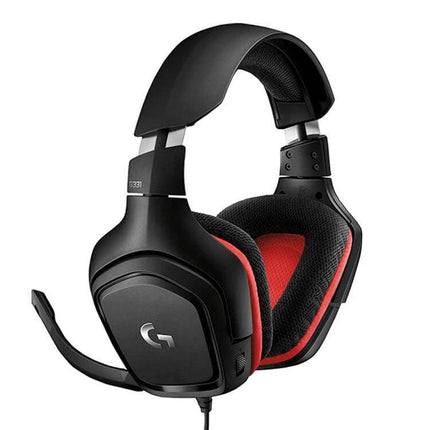 Logitech Stereo Gaming Headset For Comfortable Long Sessions shown black headset with red ear pads and foldable mic