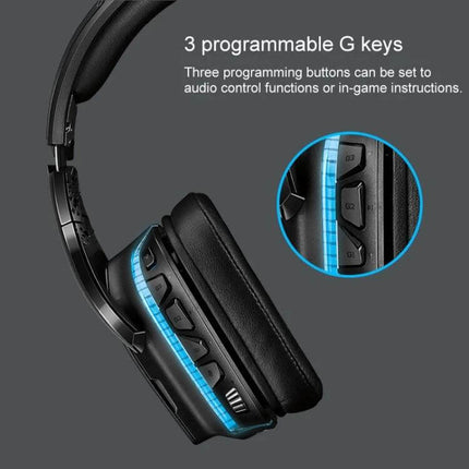 Logitech Wireless Gaming Headset Comfortable Everyday Use showing foldable mic, DTS 7.1, 3 programmable G keys and blue LED trim