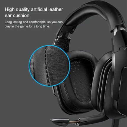 Logitech Wireless Gaming Headset Comfortable Everyday Use showing black ear cushions, foldable mic and leather padding close-up