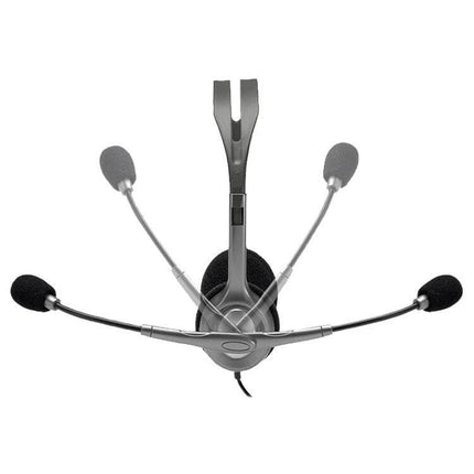 Logitech Wired Stereo Headset With Inline Mic For Calls shown front view with adjustable boom mic and foam ear pads, wired 3.5mm plug