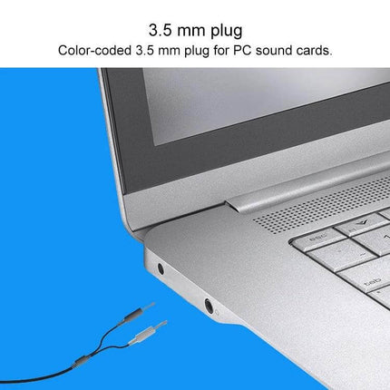 Logitech Wired Stereo Headset With Inline Mic For Calls shown with 3.5mm plug next to laptop audio jacks