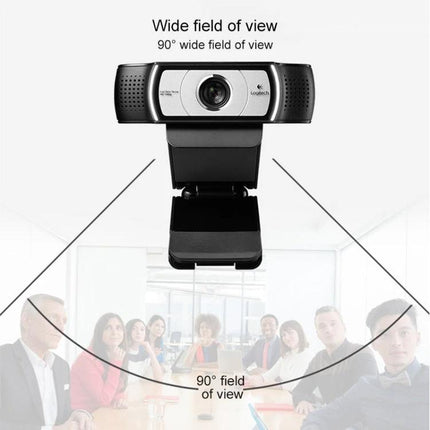 Logitech C930C HD Webcam with Protective Cover for Video Calls showing 90° wide field of view for meetings and online classes
