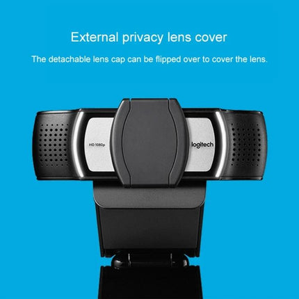 Logitech C930C HD Webcam with Protective Cover for Video Calls showing external privacy lens cover and detachable flip cap