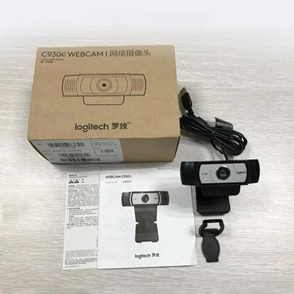 Logitech C930C HD Webcam with Protective Cover for Video Calls shown with box, cable, manual and mounting clip