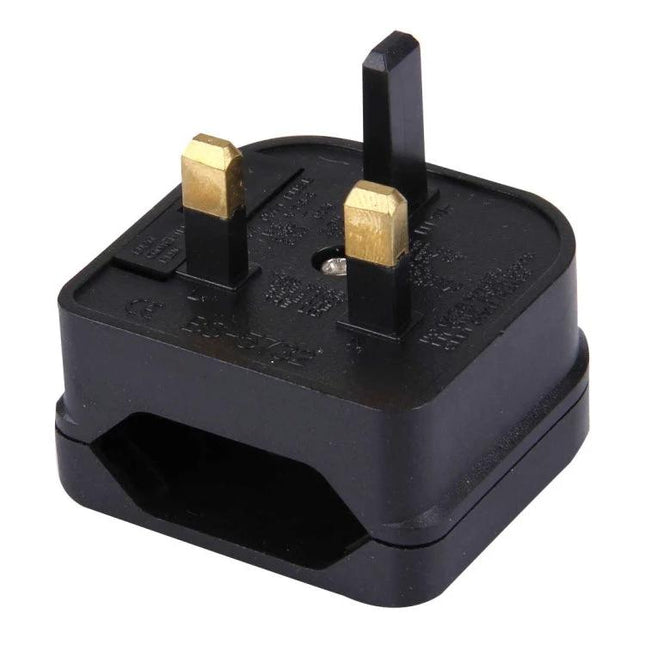 EU to UK Plug Adapter for Travel with Fuse Protection black travel adapter showing three brass pins and EU socket