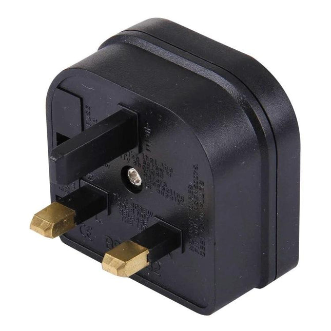 EU to UK Plug Adapter for Travel with Fuse Protection black travel adapter showing three-pin UK plug faces and fused socket