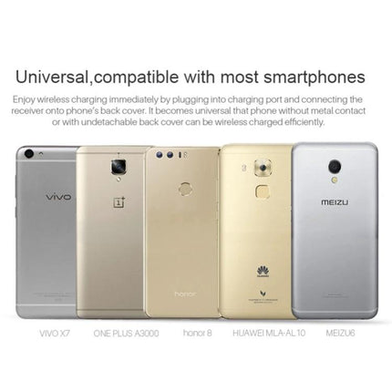 Compact NILLKIN Receiver for Daily Phone Charging attached to Type-C smartphones showing universal compatibility for hands-free wireless charging