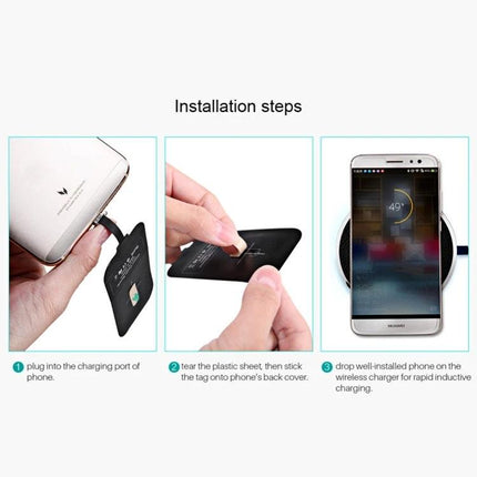 Compact NILLKIN Receiver for Daily Phone Charging showing installation steps: plug into Type-C, attach receiver, place on wireless pad