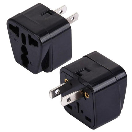 Universal Travel Plug Adapter for US and International Outlets shown as compact black dual US-prong travel socket adapter for smartphones and laptops