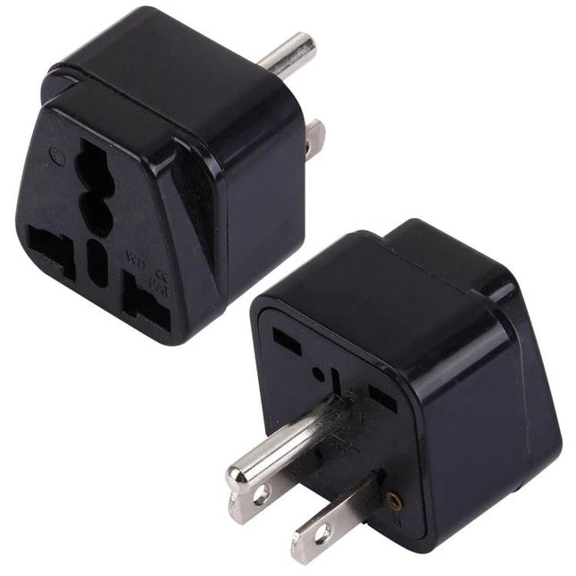 Universal Travel Plug Adapter for US Outlets and International Use compact black dual-plug adapter shown from two angles