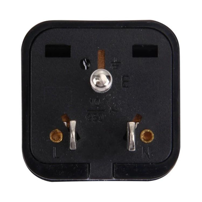 Universal Travel Plug Adapter for US Outlets and International Use front view showing UK style prongs and US socket compatibility