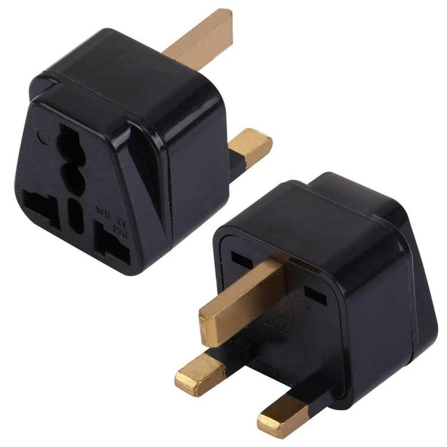 Alt Tag: Universal Travel Adapter for UK Plugs and International Use compact black UK plug adapter for phones and laptops