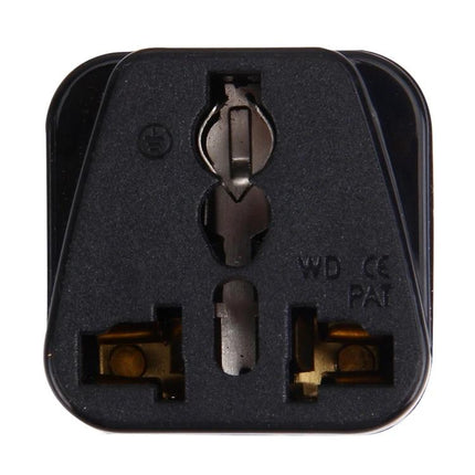 Universal Travel Adapter for UK Plugs and International Use black multi-plug front view showing UK, EU, US and AU socket compatibility