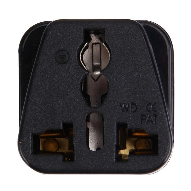 Universal Travel Adapter for UK Plugs and International Use black multi-plug front view showing UK, EU, US and AU socket compatibility