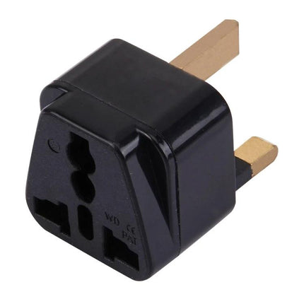 Universal Travel Adapter for UK Plugs and International Use - compact black multi-plug adapter for UK, AU, US, EU devices