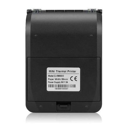 Portable Thermal Bluetooth Receipt Printer for On-the-Go Use black mini thermal Bluetooth receipt printer shown from rear with label and paper slot