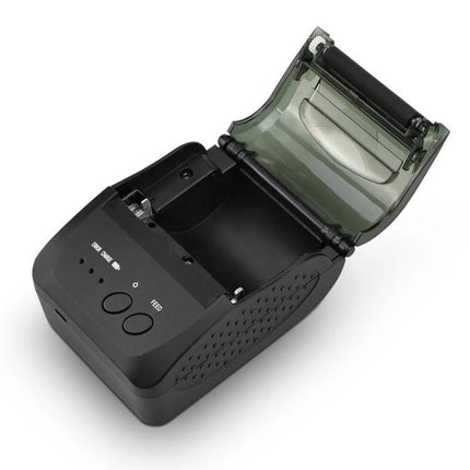 Portable Thermal Bluetooth Receipt Printer for On-the-Go Use showing open battery compartment and paper roll slot, black portable thermal Bluetooth receipt printer