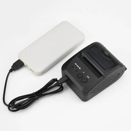 Portable Thermal Bluetooth Receipt Printer for On-the-Go Use shown connected to a power bank for mobile receipt printing