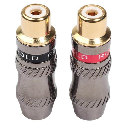 REXLIS Gold Plated RCA Female Plug Adapter for DIY Cables shown as a pair, gold-plated RCA female connectors with color rings for DIY audio cables