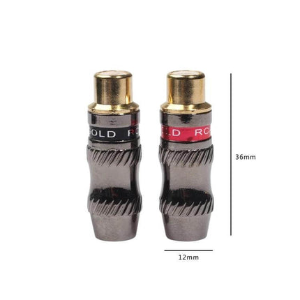 REXLIS Gold Plated RCA Female Plug Adapter for DIY Cables shown as two gold-plated RCA female connectors with red and black rings, 36mm x 12mm