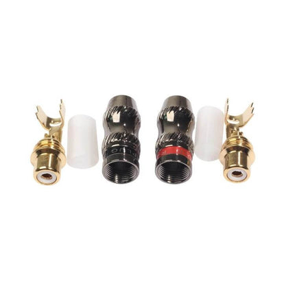 REXLIS Gold Plated RCA Female Plug Adapter for DIY Cables shown disassembled with gold contacts and housings for 6.5–6.8mm cables