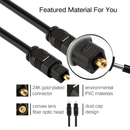 EMK Toslink Optical Audio Cable for Digital Connections, 1.5m - black toslink male-to-male cable with 24K gold-plated connectors and dust caps