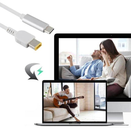 Laptop Charger Cable for Lenovo Laptops, 1.5 Meters Long - white square male interface charging cable shown with laptops and couple