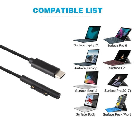 Magnetic USB-C to 6 Pin Charging Cable for Microsoft Surface Pro 7/6/5 showing magnetic connector and compatible Surface models