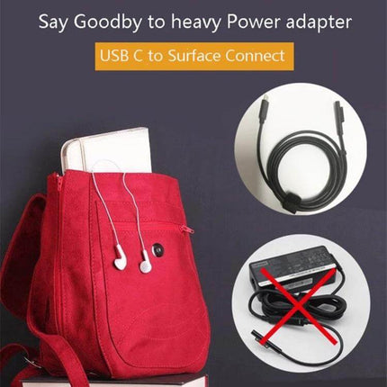 Magnetic USB-C to 6 Pin Charging Cable for Microsoft Surface Pro 7/6/5 shown attached to Surface, compact magnetic USB-C to Surface Connect cable
