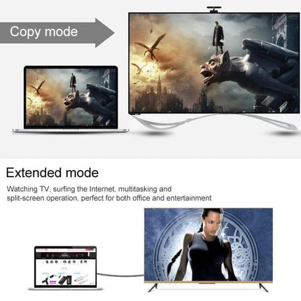 1.5 Meter HDMI Cable for High-Definition Device Connections showing laptop-to-TV copy and extended mode with gold-plated connectors