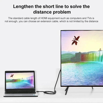 30cm HDMI Extension Cable for Home Video Connections showing laptop connected to wall-mounted TV with short black extension cable