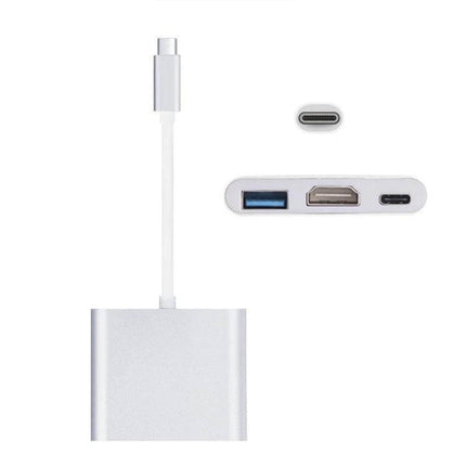USB-C Multi-Port Adapter with HDMI and USB Connections shown front and top view with HDMI and USB ports for laptop docking