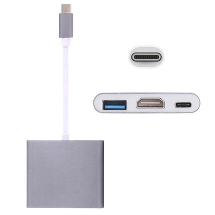 USB-C Multi-Port Adapter with HDMI and USB Connections showing HDMI port, USB-A port, and USB-C connector for laptop expansion