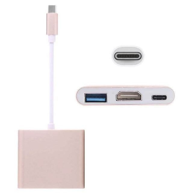 USB-C Multi-Port Adapter with HDMI and USB Connections showing rose gold hub with HDMI, USB-A and USB-C ports