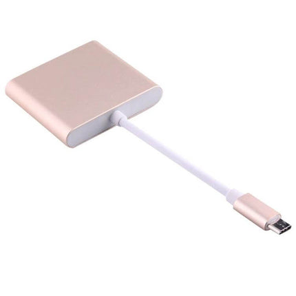 USB-C Multi-Port Adapter with HDMI and USB Connections in rose gold, compact hub with HDMI port and USB cable for laptops