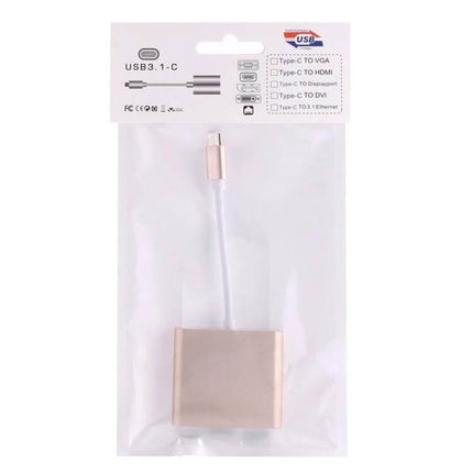 USB-C Multi-Port Adapter with HDMI and USB Connections in retail packaging, rose gold adapter with USB-C cable and HDMI/USB ports