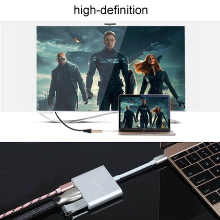 USB-C Multi-Port Adapter with HDMI and USB Connections showing laptop connected to external monitor and multiple USB devices