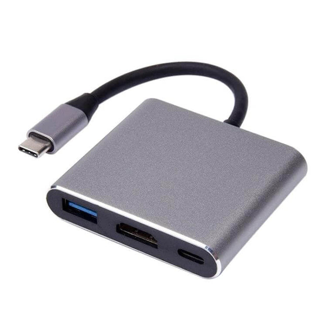 USB-C 3-in-1 Adapter for Device Connections and Charging with HDMI, USB 3.0 and PD port in compact aluminum hub