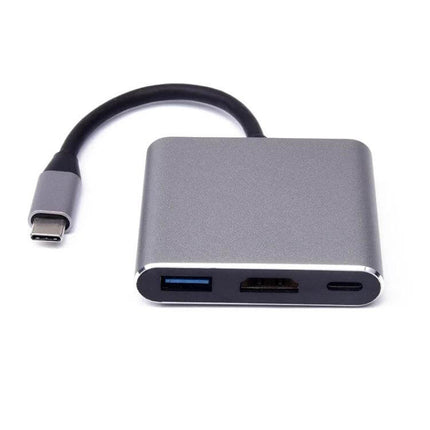 USB-C 3-in-1 Adapter for Device Connections and Charging — compact gray hub with HDMI, USB 3.0 and PD charging port
